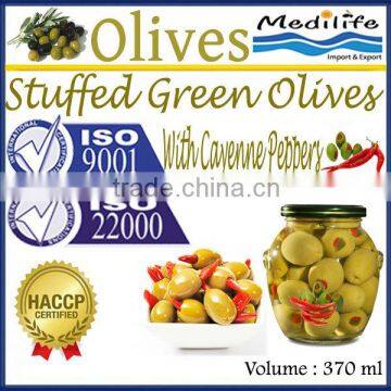 Stuffed Green Olives with Cayenne Peppers, Tunisian Table Olives,Table Green Olives 370 ml Glass Jar