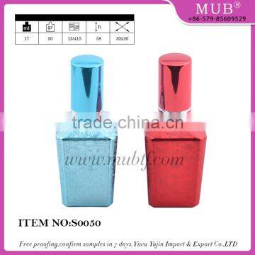 Unique design blue red crackle color empty rectangular shaped glass perfume bottle with aluminum mist and cap