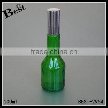 cosmetic packaging green long neck glass perfume bottle 100ml with silver aluminum spray and cover china suppliers wholesale