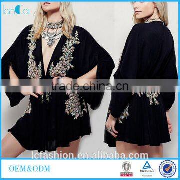 Wholesale V-neck Maxi Design Top Black Long Sleeve Embroidery Sexy Mini Top