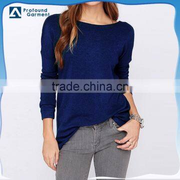 blue color backless long sleeve plain no brand round neck loose fit blank t-shirt women specification manufactures in guangzhou