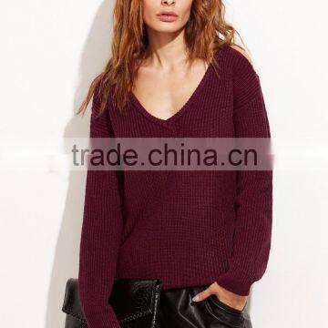 Custom V Neck Cold Shoulder Burgundy Sweater Cotton Polyester Blends Drop Shoulder Sweatshirt photo-2
