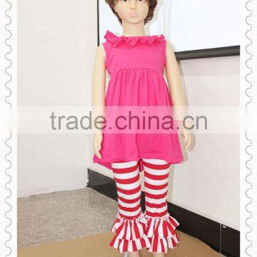 Wholesale Cotton Baby Clothes Kids Soild Color Dress And Ruffle Stripe Pants Children's Boutique Set photo-2