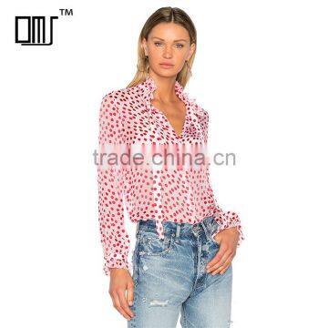 Polka dot printed tie neck long sleeve women's viscose chiffon shirt