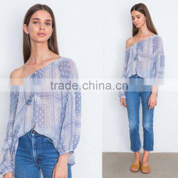 Fringed Drawstring Elastic Neckline Sheer Georgette Peasant Blouse photo-6