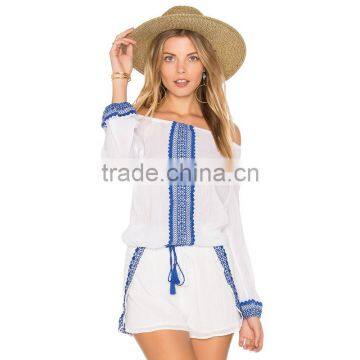 Crepe Embroidered Peasant Blouse Long Sleeve off Shoulder Lady Top photo-5