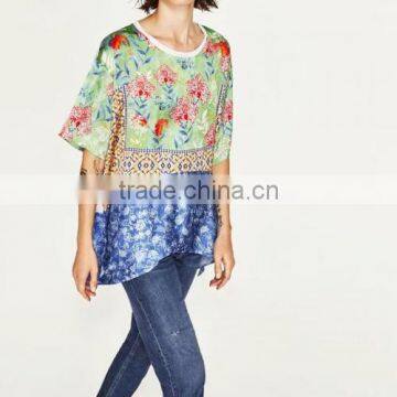 women summer clothes rinted shivering blue Satin Women short sleeve shirt