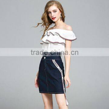 2017 Fashion Summer for Women Fashion Elegant One Shoulder Blouse With Denim Skirt Two Pieces photo-3