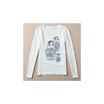 100% Cotton Spoon Collar Long Sleeve T Shirt For Women