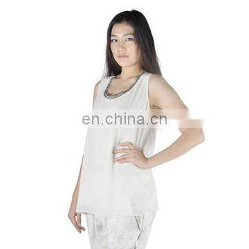 fashion womens chiffon sleeveless Shirts with metal chain around neckline tank top