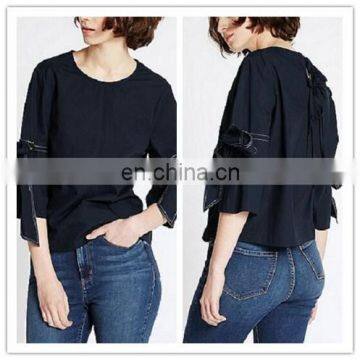 Pure Cotton Black Women Tie Sleeve Poplin Shell Fancy Tops(SY060501)