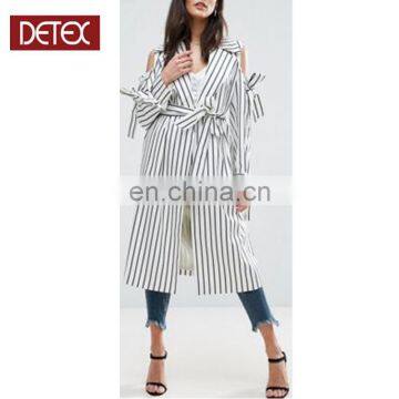 White And Blue Stripe Ladies Long Coat Design Women Long Coat