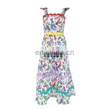 TWOTWINSTYLE Vintage Bowknots Print Women's Dress Square Collar Spaghetti Strap Sleeveless High Waist Slim