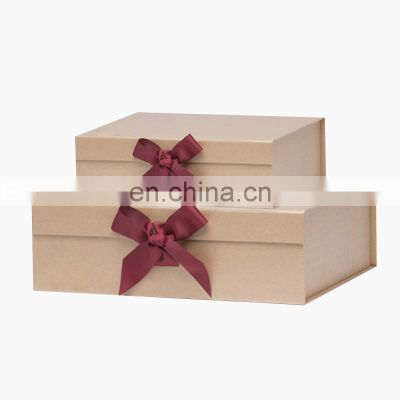 Custom size design natural kraft magnetic gift boxes with ribbon