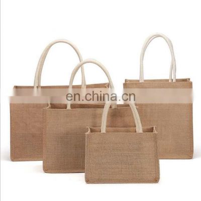 Manufacture Natural Eco Friendly Custom Logo Printed Reusable Burlap Shopping Handbag Tote Jute Canvas Bag With Leather Handle