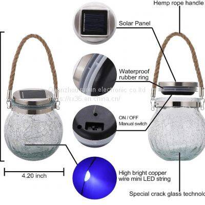Waterproof Patio Wedding Hanging Mason Jar Lights, Warm Crack Glass Bottle Solar Jar Light photo-2
