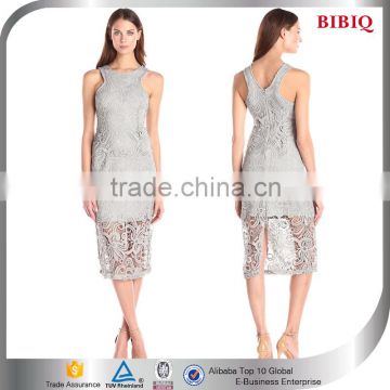 new trendy delicate women dress crocheted grey sleeveless round neck layered bodycon mid-calf short casual dress