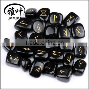 Natural Black Obsidian Stone Engraved Tumbled Stone Rune Set