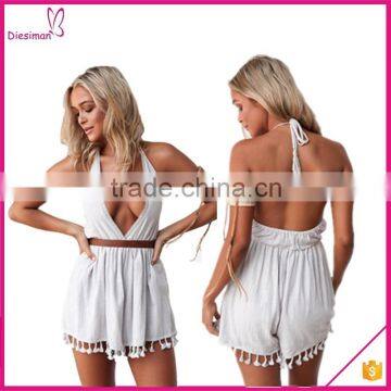 deep v neck low back design white playsuit jumpsuit with tassel hemline