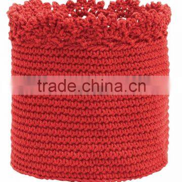 Round Crochet Basket Bright Red, Green, Light Grey