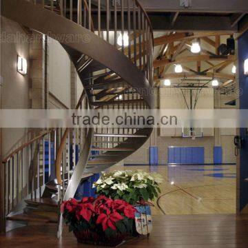 indoor curved stringer wood steps spiral stair with metal railing