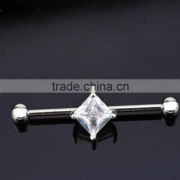 Four Prong Set Clear Square Zircon 14G Cartilage Earring 1 & 1/2" Barbell with Round Ball Ends.