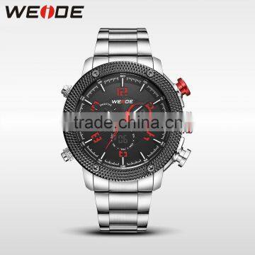 Luxury Brand WEIDE Men Sport Watches Black Dial Red hands Dual Display 30m Waterproof Stainless Steel Strap Watches Stop Watch