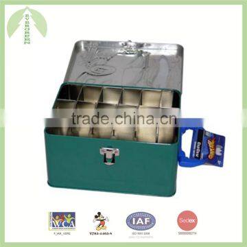2016 hot! retangle tin box with pin hinge,handle, lock and divider