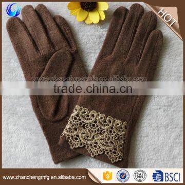 New Style Fashion Cuatom Ladies Brown Alpaca Wool Gloves With Lace