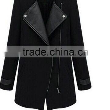 New Winter/Fall Fashion Women Casual Black Contrast PU Leather Trims coat