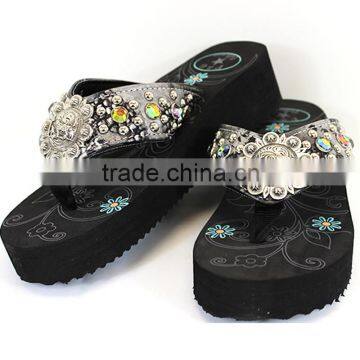 Western ladies bling bling crystal studded berry concho ornament soft rhinestone slippers flip flops