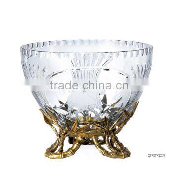 Ornate Crackle Crystal Compote With Wave Edge, Hand Engraved Crystal Fruit Bowl Inlaid Bronze Casting Dragonfly Base