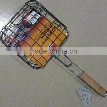 High Quality Non-stick Triple Hamburger Grill Basket With Wood Handle