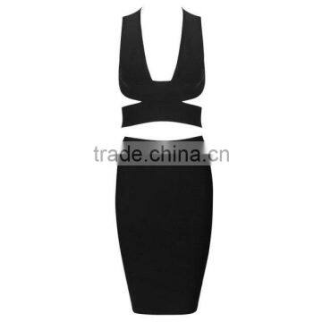 2015 New Summer Cirss-Cross Sexy Bodycon Knee Length Two Piece Bandage Dress Apricot/Black/White photo-5