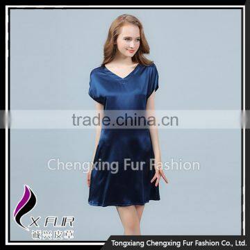 CXVLYQO1 Luxury Women's Pure Silk Skirt Night SNavy Blue Short Sleeve V-neck Pajamas photo-4