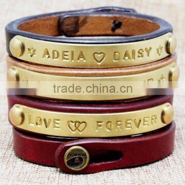 metal logo tag leather bracelet bangle custom letter stamped charm leather bangle bracelet promotion leather bracelet