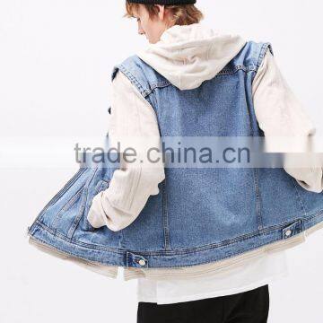 2017 Wholesale Plain Denim Jacket Mens With Contrast Hooded Sweatshirt photo-2