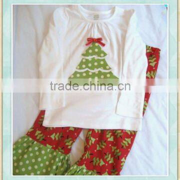 Yi wu custom design wholesale Girls Christmas appliqued small trees boutique clothing