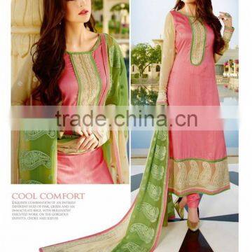 New Lite Salmon Color Straight Cut Bottom Cream Embroidery Border Cream Design Designer Semi Stitch Salwar Kameez