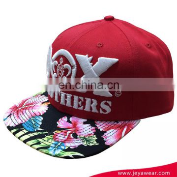 New Design Red Hip Pop Custom Acrylic Snapback Cap Wholesale With Printed Flower Visor