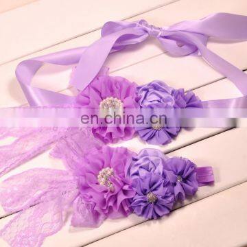 Baby Girl Sash Headband Sets Purple Flower With Rhinestone Lace Bows Luxe Maternity Sash Belt