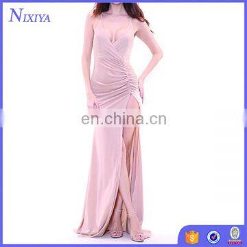 Sexy V Neck Cross Halter Maxi Dress Nude