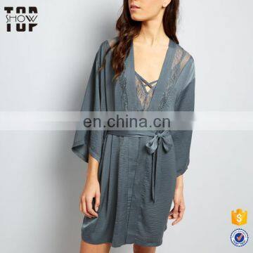 China 100% polyester sleeping robe women open front belted waist lace satin robe