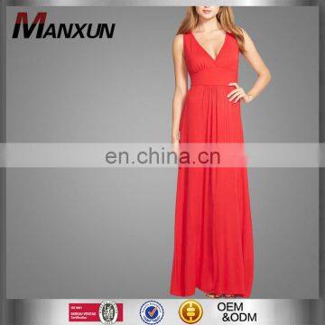 Red jersey sleeveless trendy maxi dress v neck fancy maxi dress