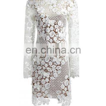 Casual Dresses Women Summer White Bodycon Floral Crochet Lace Long Sleeve Sexy Mini Dress photo-5