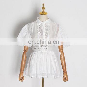TWOTWINSTYLE Chiffon Patchwork Embroidery Lapel Collar Lantern Sleeve High Waist Loose Slim Shirt Female