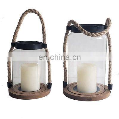 Indoor candle lantern antique glass and wood candle lantern with hemp rope handles