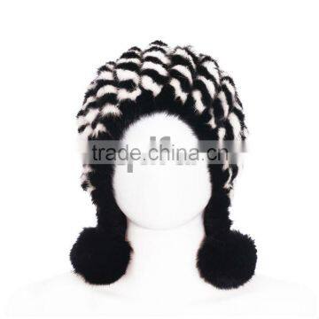 QD30477 9 Colors Women's Real Animal Mink Fur Crochet Knitted Hat with 2 pom poms