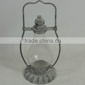 Antique old gray glass hurricane lamp