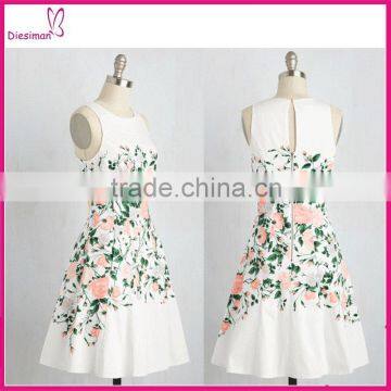 White elegant fit and flare floral print new fashion dress